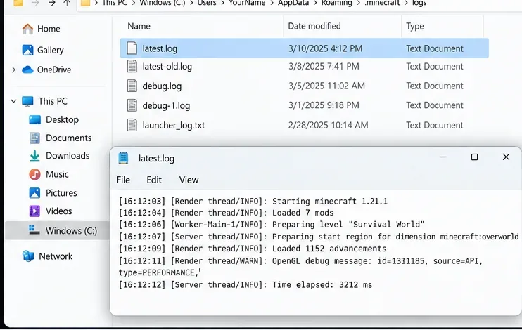 Exploratorul de fișiere Windows afișează folderul de jurnale Minecraft și fișierul latest.log deschis într-un editor de text