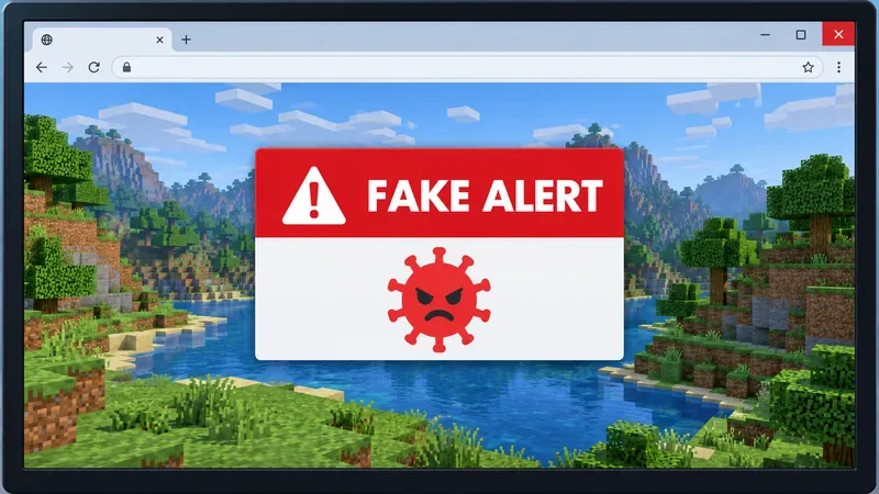 Illustrative browser window with a red FAKE ALERT panel over a block-building game scene