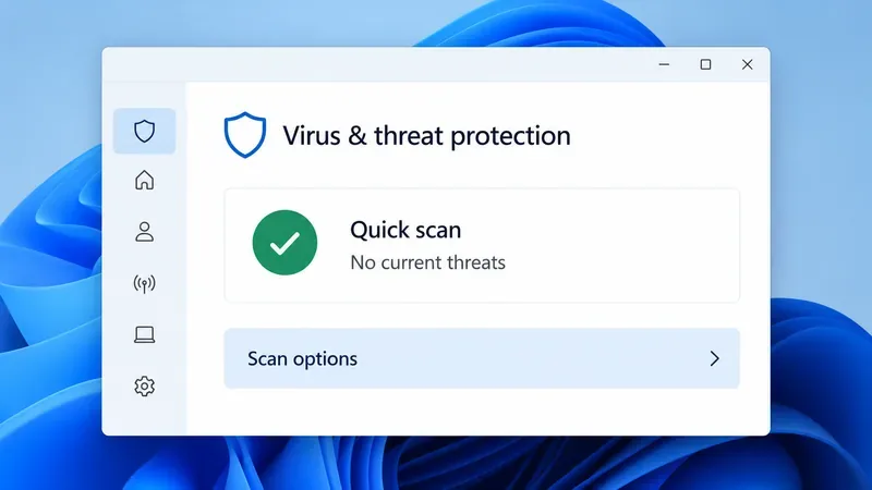 Illustrative Windows-style Virus and threat protection page showing Quick scan, No current threats, and Scan options