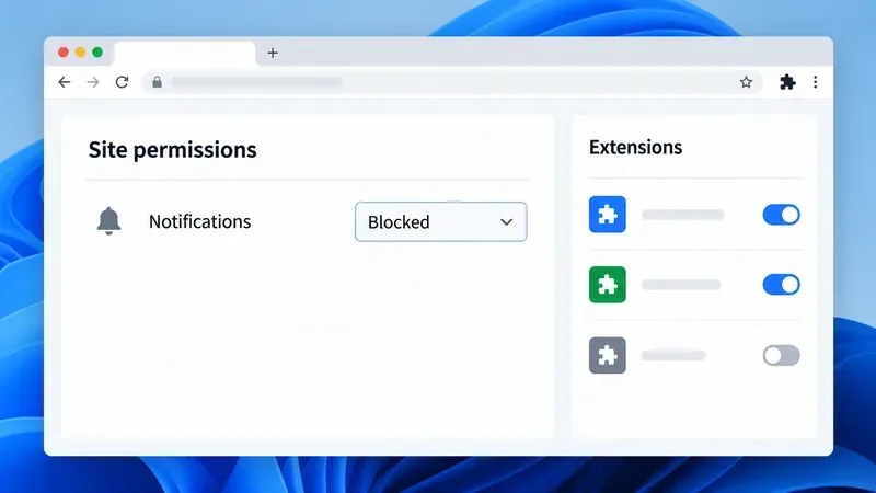 Illustrative browser settings window with Notifications set to Block and an extensions list