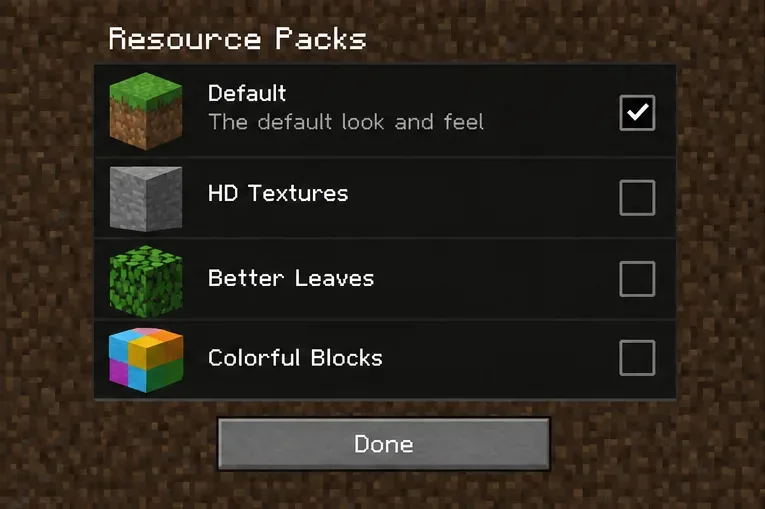 Illustrative Resource Packs screen with the default pack enabled and optional packs unchecked.
