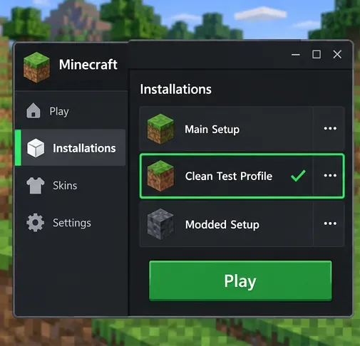 Illustrative Minecraft Launcher Installations screen with a Clean Test Profile selected.