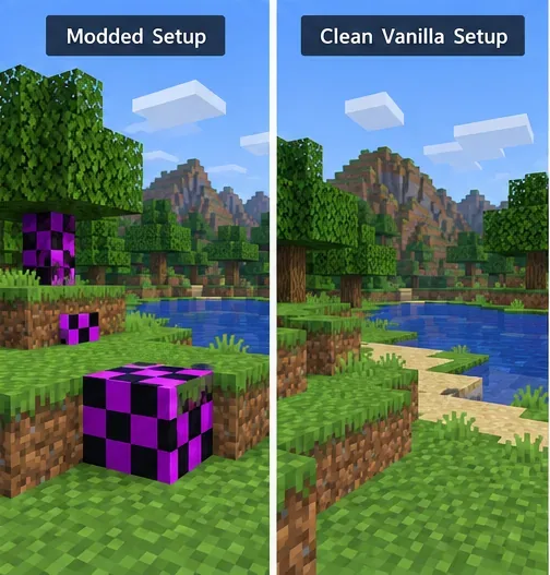 Side-by-side illustrative block-game scenes comparing a modded setup with a clean vanilla setup.