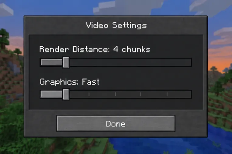 Illustrative Minecraft Video Settings screen with lower render distance and Fast graphics selected.