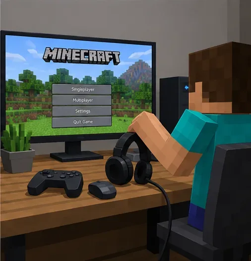 Illustration of a player at a computer with Minecraft at its main menu, ready to restart and test the game.