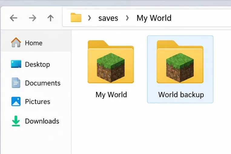 Illustrative file view showing a Minecraft world folder beside a separate copy labeled World backup.