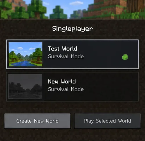 Illustrative Minecraft Singleplayer menu showing a separate test world.