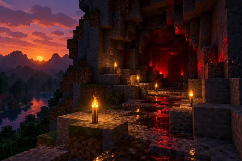 A torch-lit, blocky cave path leads into a dark opening with red reflections on the stone.