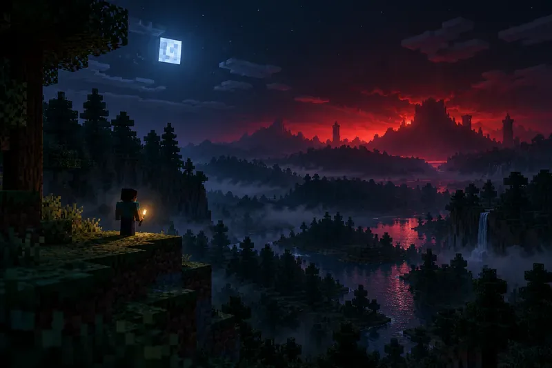 A lone block-style player with a torch looks across a moonlit forest toward a red-lit horizon.
