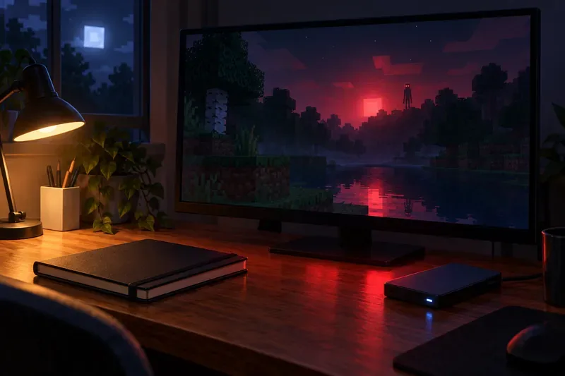 A monitor shows an imagined dark block-world beside a closed notebook and an external backup drive.