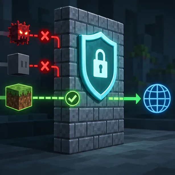 Illustration of a firewall keeping protection active while allowing an approved game connection through.