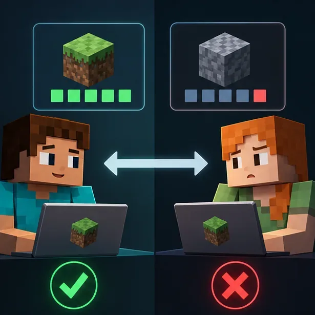 Illustration of two players comparing different game-version indicators, with a green check for a match and a red X for a mismatch.
