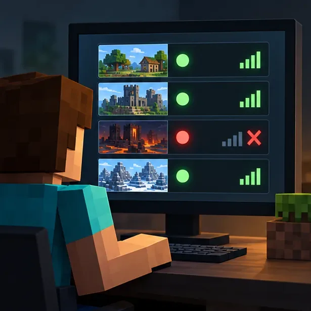 Illustration of a player comparing several server destinations, with one destination unavailable and the others responding.