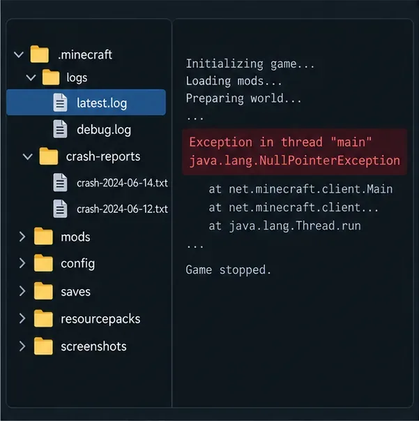Schematic file tree showing a Minecraft game directory with logs, crash-reports, and a highlighted Java exception in latest.log