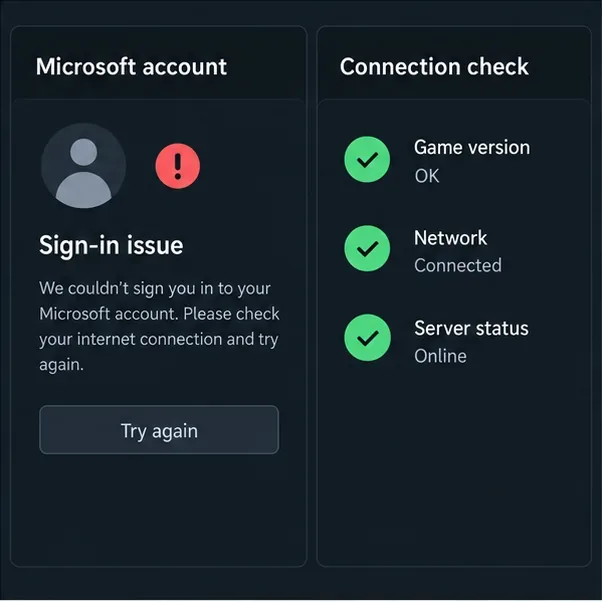 Schematic Bedrock troubleshooting view separating Microsoft account sign-in checks from game-version, network, and server checks