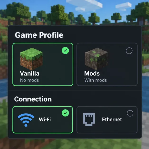 A game profile mockup contrasts a clean vanilla setup with a modded setup and shows Wi-Fi and Ethernet connection options