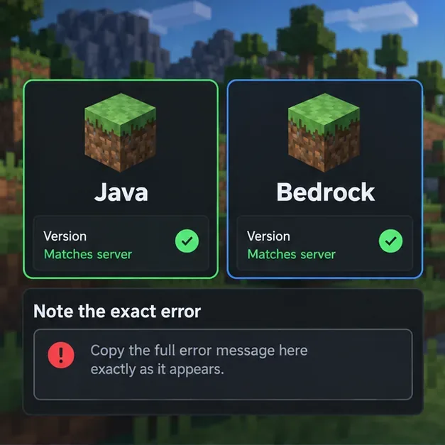 A connection diagnostic mockup separates Java and Bedrock versions and highlights copying the exact Minecraft error message
