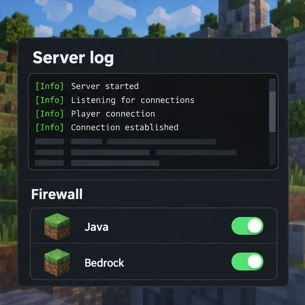 A conceptual server administration screen pairs connection logs with per-application firewall permissions for Java and Bedrock