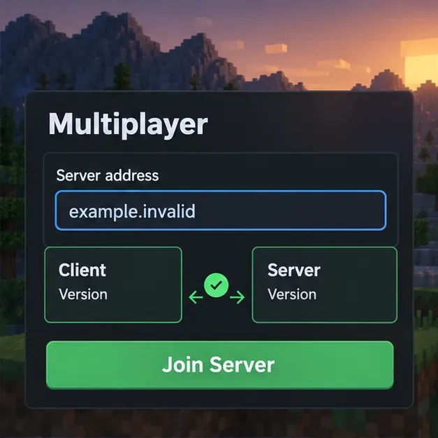 A multiplayer connection mockup shows an example server address and matching client and server version fields