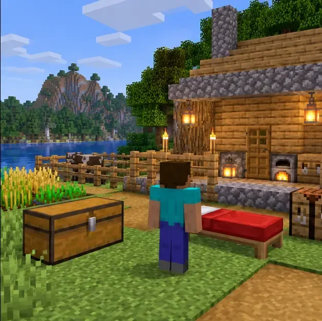 Player standing at a wooden survival base beside a chest, bed, crops, and a lit house