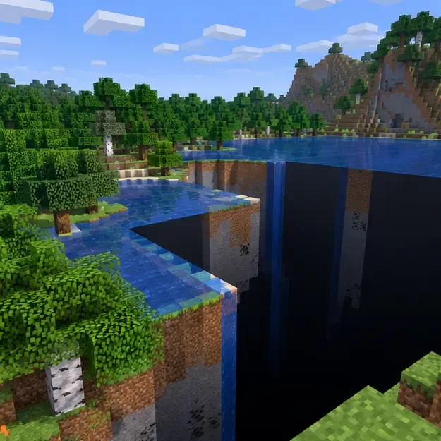 Blocky forest and river beside a large rectangular gap where terrain appears to be missing