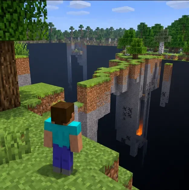 Player standing on solid grass at the edge of a deep gap between separated terrain sections