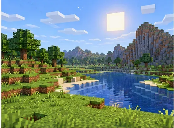 Two matching block-built Minecraft landscapes connected by a curved arrow, illustrating a world backup