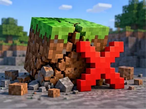 A cracked grass-and-dirt block beside a red X-shaped mark, representing a Minecraft launch failure