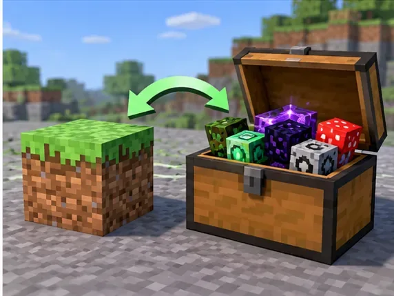 A glowing grass block emerging from an open wooden box, representing a fresh Minecraft launcher installation