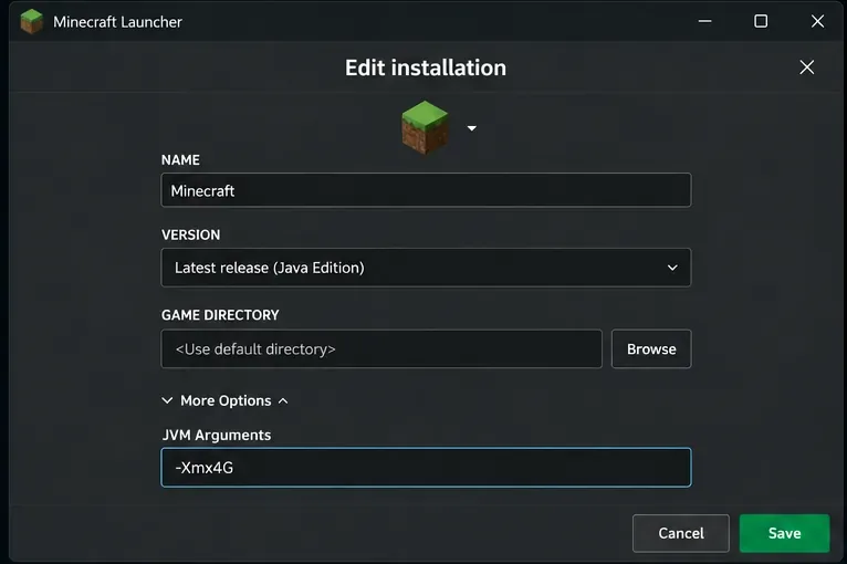 Minecraft Launcher Edit installation panel with More Options expanded and the JVM Arguments field showing the example -Xmx4G