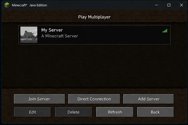 Minecraft Java Edition Multiplayer server list with a saved server and the Join Server, Direct Connection, and Refresh controls