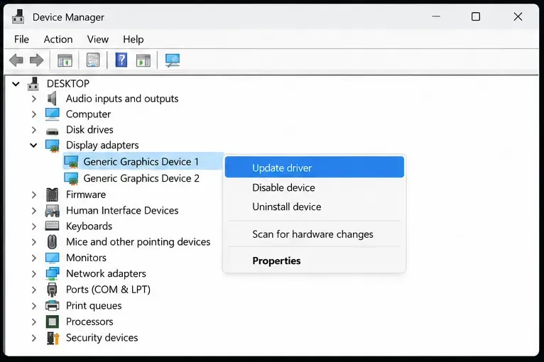 Windows Device Manager with Display adapters expanded and the Update driver option highlighted for a generic graphics device