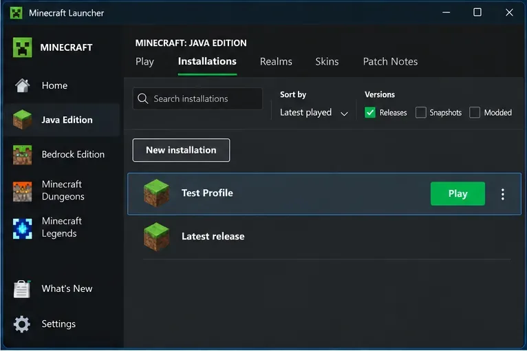 Minecraft Launcher Java Edition Installations page with the New installation control and a separate test profile