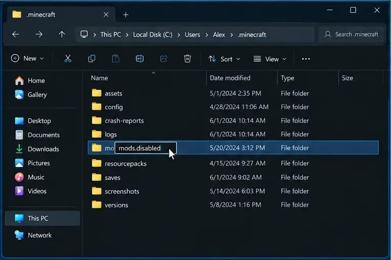 File Explorer showing the Minecraft mods folder being renamed to mods.disabled while the other game folders remain in place