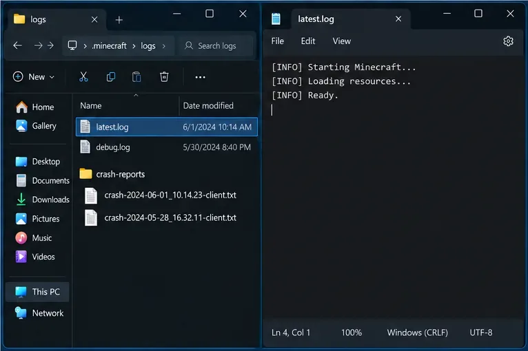 The Minecraft logs folder with latest.log selected beside the crash-reports folder and a text viewer open
