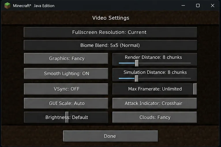 Minecraft Java Edition Video Settings with Render Distance and Simulation Distance sliders set to modest values