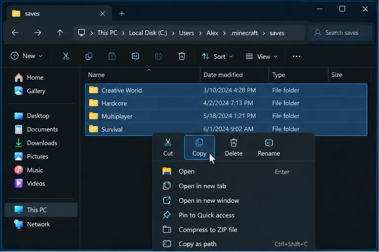 Windows File Explorer with Minecraft world folders selected in the saves directory and the Copy command open