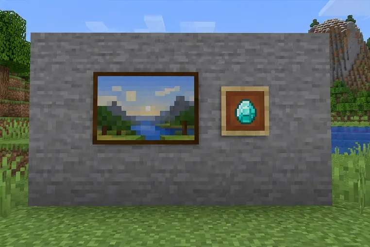 A stone wall with one painting and one item frame holding a diamond.
