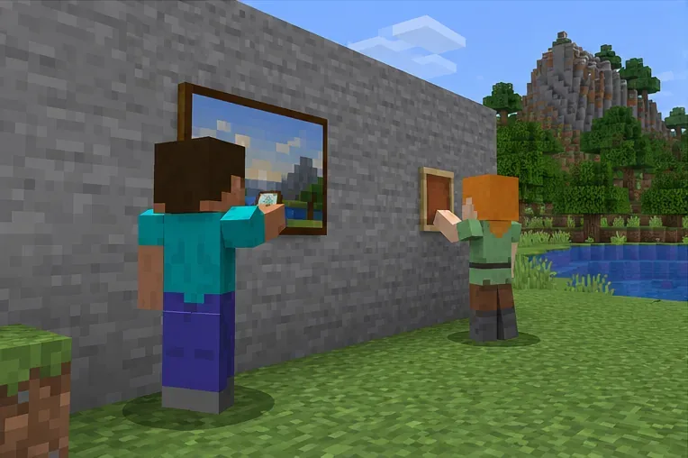Two Minecraft players standing beside paintings and item frames on the same stone wall.