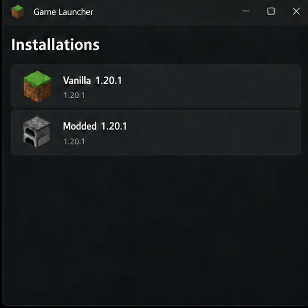 A simplified launcher installations view comparing a clean vanilla profile with a modded profile on the same game version.