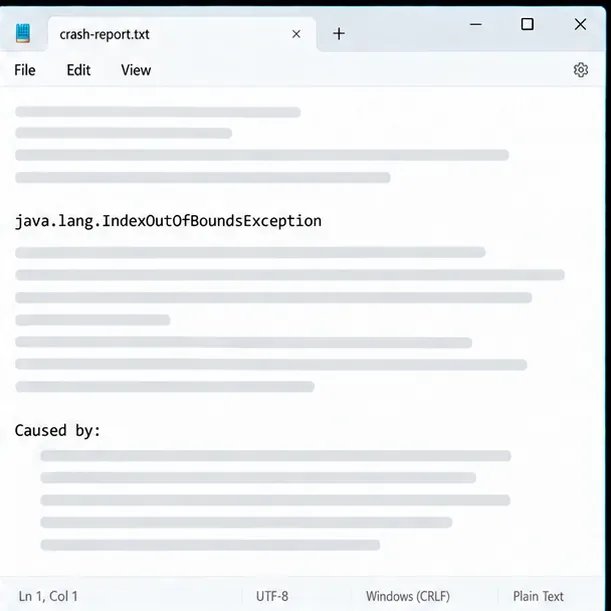 A plain-text editor mockup showing the IndexOutOfBoundsException and Caused by markers above neutral placeholder lines.