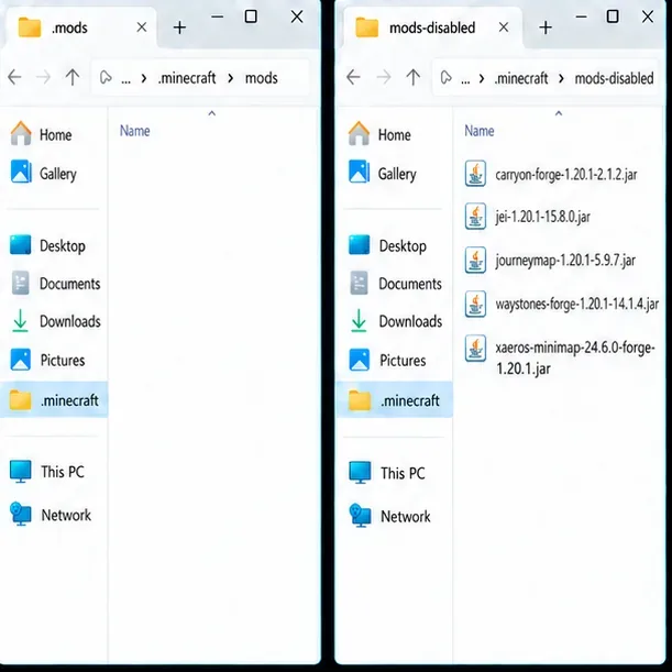 Two file-manager windows show an empty mods folder and JAR files moved into the sibling mods-disabled folder.