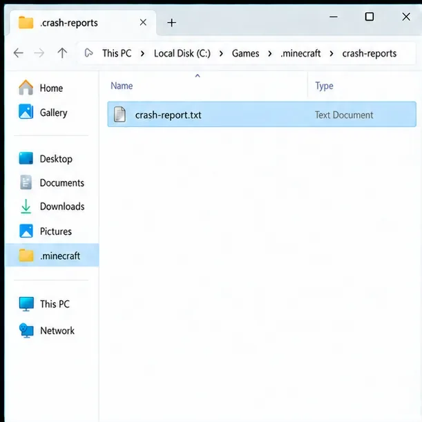 A desktop file-manager mockup opened to the .minecraft crash-reports folder with crash-report.txt selected.
