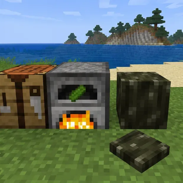 A furnace cooking kelp beside a crafting table and dried kelp blocks