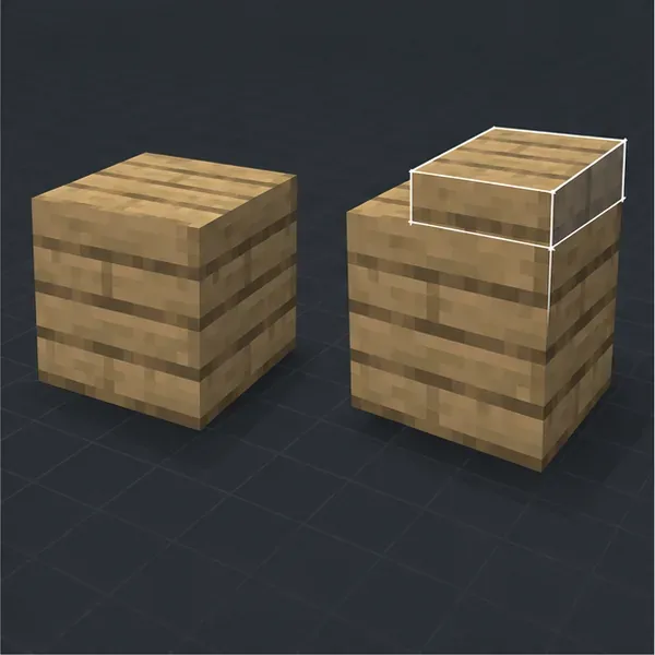 A normal cube beside a model with an extra cuboid offset across its top
