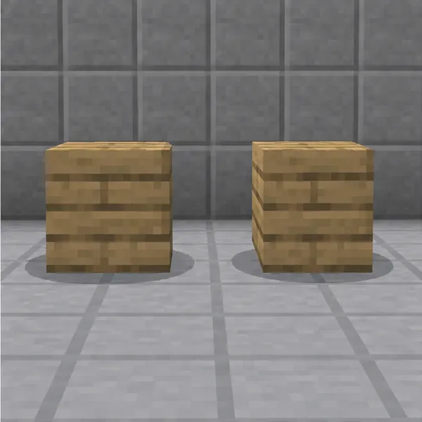 Two views of the same wood-textured block model shown side by side for visual comparison