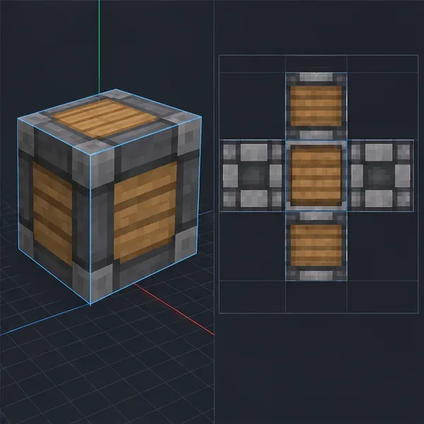 A block cuboid beside a cross-shaped texture atlas with separate face regions