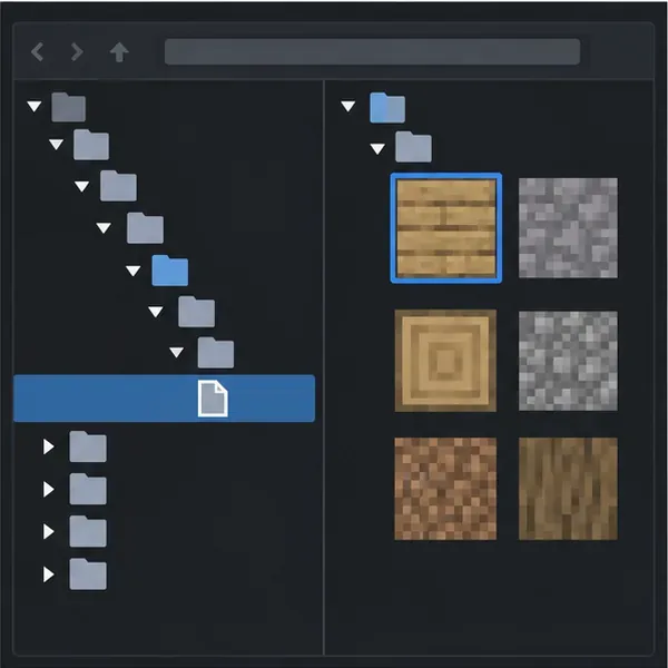 A generic file-browser view with nested folders, a selected model file, and several block texture thumbnails