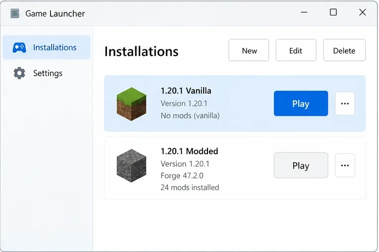 Illustrative game launcher list with a vanilla profile selected separately from a modded profile