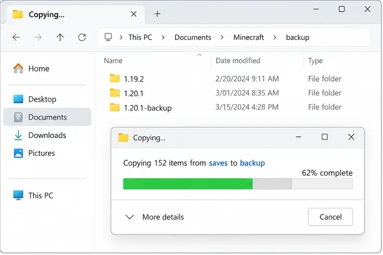 Illustrative file manager copying Minecraft saves to a backup folder before repairing a game installation